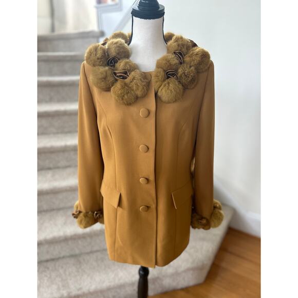 Vintage 80s 90s Mustard Yellow Faux Fur Pom Pom Trim Oversize Blazer - Picture 1 of 7